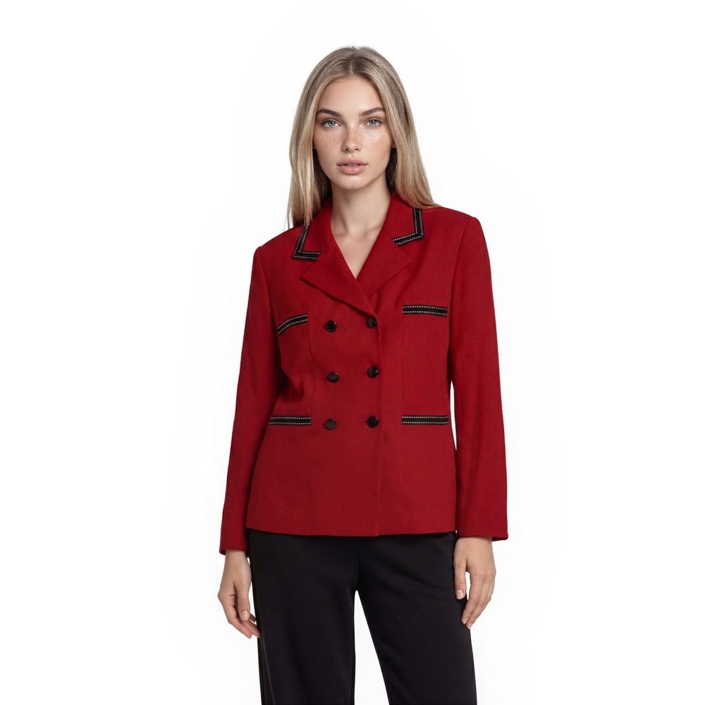 Vintage Casual Corner Blazer Women's Size 14 Red Double Breasted Braided Trim